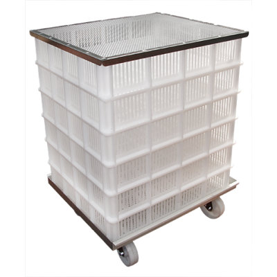 Pull-out trolley with 6 stackable ventilated hatching drawers and lid